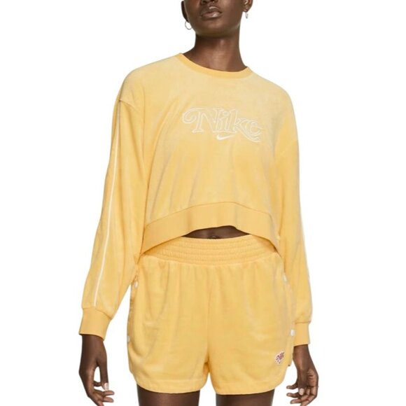 Nike Terry Sweatshirt Size Small Crewneck Cropped Pullover Yellow White Sporty - Picture 1 of 9